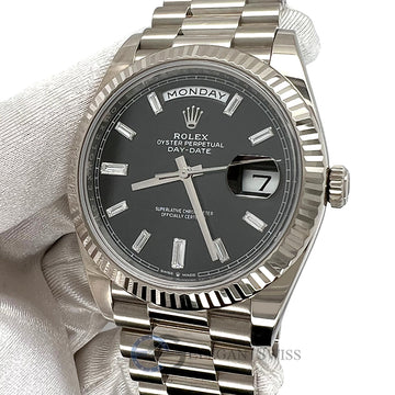 Rolex President Day-Date 40 Factory Black Diamond Baguette Dial White Gold Watch 228239 Box Papers 2020