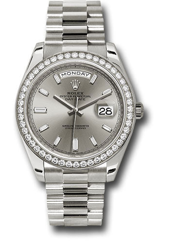 Rolex White Gold Day-Date 40 Watch - White Gold Bezel - Silver Baguette Diamond Dial - President Bracelet - 228349RBR sbdp