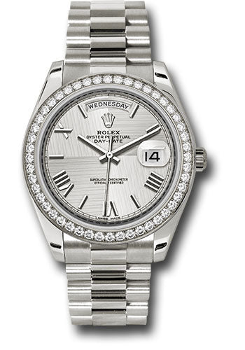 Rolex White Gold Day-Date 40 Watch -  Bezel - Silver Quadrant Motif Bevelled Roman Dial - President Bracelet - 228349RBR sqmrp