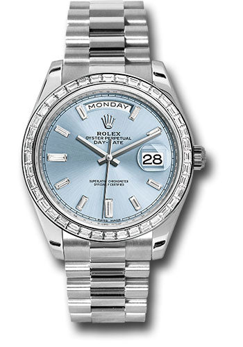 Rolex 950 Platinum Day-Date 40 Watch -  Bezel - Ice Blue Baguette Diamond Dial - President Bracelet - 228396TBR ibbdp