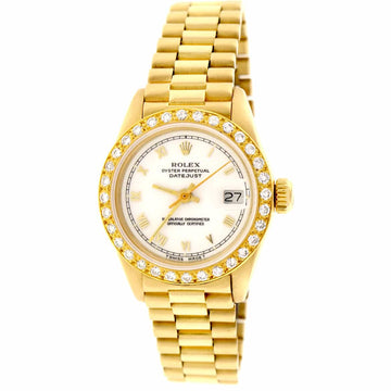 Rolex President Ladies 18K Yellow Gold Original White Roman Dial 26MM Automatic Watch with Diamond Bezel