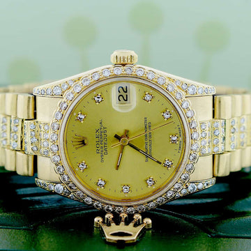 Rolex President Datejust Midsize 18K Yellow Gold Original Champagne Diamond Dial 31MM Automatic Watch w/Diamond Bezel & Bracelet