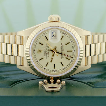 Rolex President Datejust Ladies 18K Yellow Gold 26MM Original Champagne Stick Dial Automatic Watch 69178