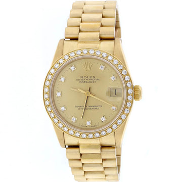 Rolex President Datejust Midsize 18K Yellow Gold Factory Diamond Dial 31MM Watch 68278 w/Diamond Bezel