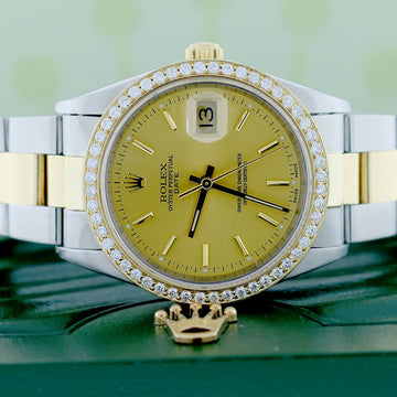 Rolex Date 2-Tone 18K Yellow Gold/Stainless Steel 34MM Original Champagne Stick Dial Oyster Watch 15223 w/Diamond Bezel