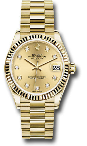 Rolex Yellow Gold Datejust 31 Watch - Fluted Bezel - Champagne Diamond