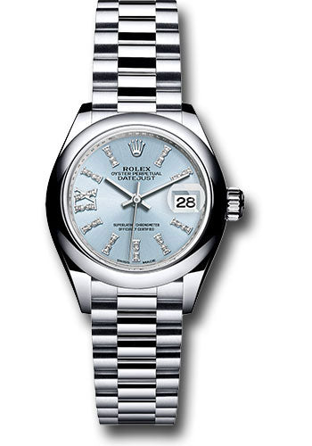 Rolex Platinum Lady-Datejust 28 Watch - Domed Bezel - Ice Blue Diamond Index Dial - President Bracelet - 279166 ib36dix8dp
