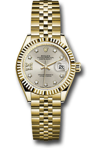 Rolex Yellow Gold Lady-Datejust 28 Watch - Fluted Bezel - Silver Diamond Star Dial - Jubilee Bracelet - 279178 s9dix8dj