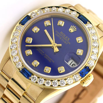 Rolex President Datejust Midsize 31MM Yellow Gold Watch w/Blue Diamond Dial & Bezel 68278