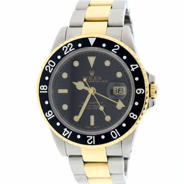 Rolex GMT-Master II 2-Tone Yellow Gold & Stainless Steel Black Bezel Automatic Mens Oyster Watch 16713