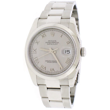 Rolex Datejust Rhodium Roman Dial 36MM Smooth Domed Bezel Oyster Stainless Steel Mens Watch 116200 Box Papers