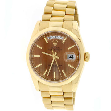 Rolex President Day-Date 18K Yellow Gold Brown Tapestry Dial 36MM Automatic Mens Watch 118208