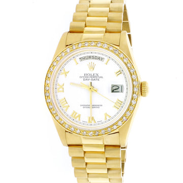 Rolex President Day-Date 18K Yellow Gold 36MM White Roman Dial Mens Automatic Watch 18038 w/Custom Diamond Bezel
