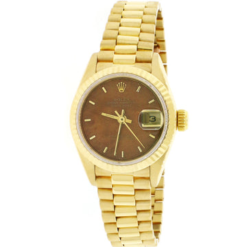 Rolex President Datejust Ladies 18K Yellow Gold 26MM Original Wood Dial Automatic Watch 69178 w/ Box Papers