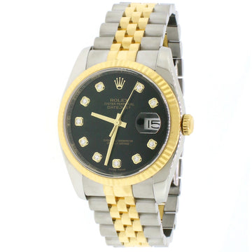 Rolex Datejust 2-Tone Yellow Gold/Steel Jubilee Factory Black Diamond Dial 36MM Automatic Mens Watch 116233