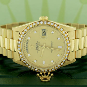 Rolex President Day-Date 18K Yellow Gold 36MM Automatic Mens Watch 18238 w/Pave Dial/Diamond Bezel