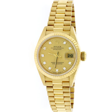 Rolex President Datejust Ladies 18K Yellow Gold 26MM Original Champagne Diamond Dial Automatic Watch 69178 w/ Box Papers