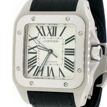 Cartier Santos 100 Large Silver Roman Dial Automatic Stainless Steel Mens Watch Box & Papers W20073X8