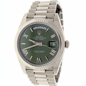 Rolex President Day-Date II 18K White Gold 40MM Original Olive Green Roman Dial Automatic Mens Watch 228239
