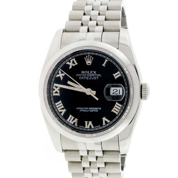 Rolex Datejust Original Black Roman Dial 36MM Smooth Domed Bezel Stainless Steel Jubilee Mens Watch 116200