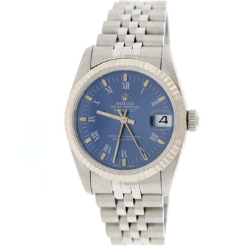 Rolex Datejust Midsize White Gold Fluted Bezel Blue Roman Dial 31mm Automatic Stainless Steel Jubilee Watch 68274
