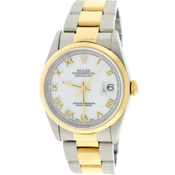 Rolex Datejust 2-Tone 18K Yellow Gold/Stainless Steel White Roman Dial 36MM Mens Oyster Watch 16203
