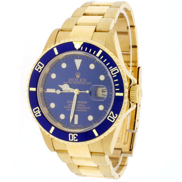 Rolex Submariner Date 18K Yellow Gold Factory Blue Dial/Bezel 40MM Automatic Oyster Mens Watch 16618