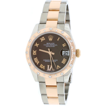 Rolex Datejust 31MM Rose Gold/Steel Watch With Factory Diamond Domed Bezel/Chocolate Roman Dial 178341 Box Papers