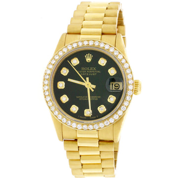 Rolex President Datejust Midsize 18K Yellow Gold 31MM Automatic Watch 68278 w/Black Diamond Dial & Bezel No Holes