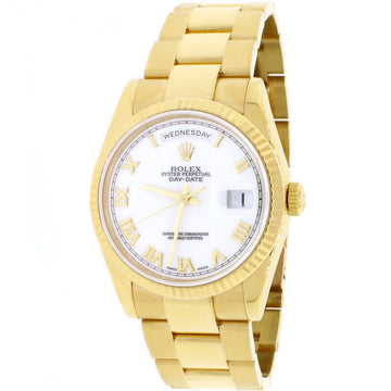 Rolex President Day-Date 18K Yellow Gold Factory White Roman Dial 36MM Automatic Mens Oyster Watch 118208