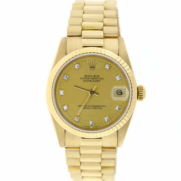 Rolex President Datejust Midsize 18K Yellow Gold Diamond Dial 31MM Automatic Watch 68278