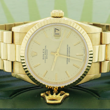 Rolex President Datejust Midsize 18K Yellow Gold w/ Champagne Dial 31MM Automatic Watch w/Box&Papers