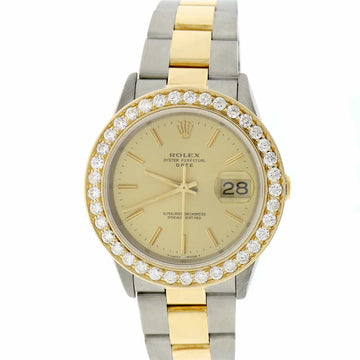 Rolex Date 2-Tone 18K Yellow Gold/Stainless Steel 34MM Original Champagne Index Dial Oyster Watch w/Diamond Bezel