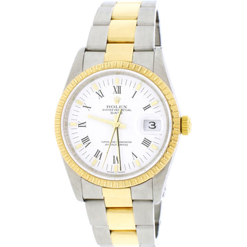 Rolex Oyster Perpetual Date 2-Tone 18K Yellow Gold/Stainless Steel 34MM Factory White Roman Dial Watch 15223