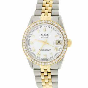 Rolex Datejust 2-Tone 18K Yellow Gold/Stainless Steel Original White Roman Dial 31mm Womens Jubilee Watch 68273 w/Diamond Bezel