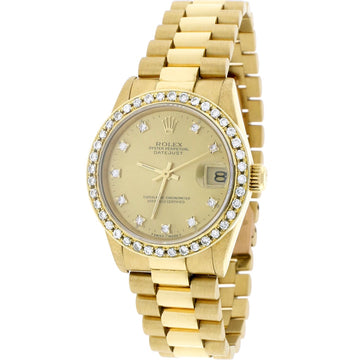 Rolex President Datejust Midsize 18K Yellow Gold Original Champagne Diamond Dial 31MM Automatic Watch 68278 w/Diamond Bezel