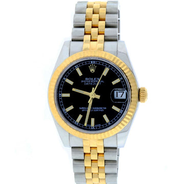 Rolex Datejust Midsize 2-Tone 18K Yellow Gold/Stainless Steel Original Black Stick Dial 31MM Jubilee Watch 178273