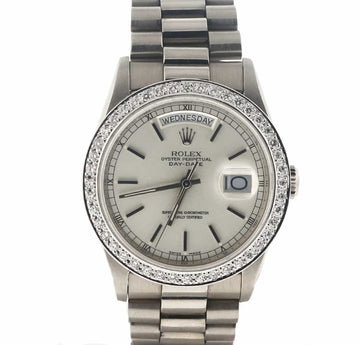 Rolex President Day-Date 18K White Gold 36mm Automatic Mens Watch w/Diamond Bezel 118239