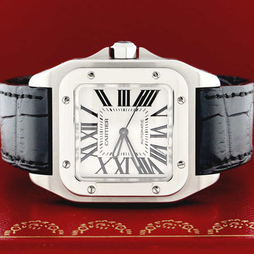 Cartier Santos 100 Medium Silver Roman Dial Automatic Stainless Steel Watch W20106X8