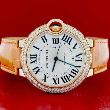 Cartier Ballon Bleu 18K Rose Gold Silver Roman Dial Factory Diamond Bezel 36MM Ladies Watch WE900551