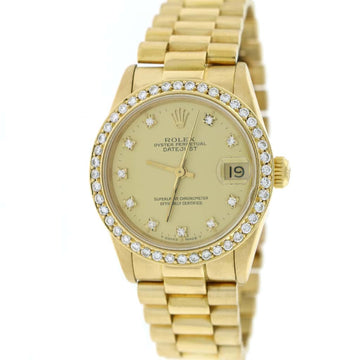 Rolex President Datejust Midsize 18K Yellow Gold Original Champagne Diamond Dial 31MM Automatic Watch 68278 w/Diamond Bezel