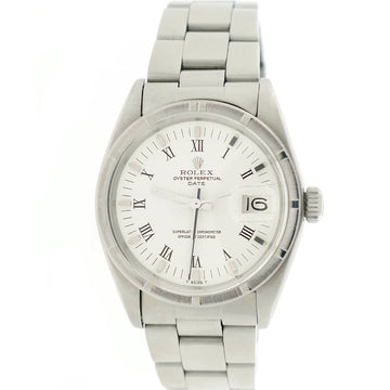 Rolex Oyster Perpetual Date 34mm Engine Turned Bezel White Roman Dial Automatic Stainless Steel Oyster Watch 1501