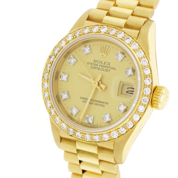Rolex President Ladies 18K Yellow Gold 26MM Factory Champagne Diamond Dial Watch 69178 w/Custom Diamond Bezel