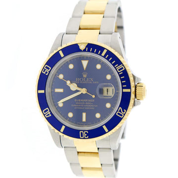 Rolex Submariner 2-Tone 18K Yellow Gold/Stainless Steel Blue Bezel & Dial Mens Oyster Watch 16613