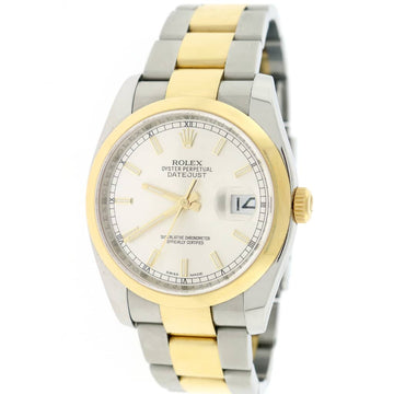 Rolex Datejust 2-Tone 18K Yellow Gold/Stainless Steel Original Silver Stick Dial 36MM Mens Oyster Watch 116203