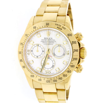 Rolex Cosmograph Daytona 18K Yellow Gold Factory White MOP Diamond Dial 40MM Automatic Mens Oyster Watch 116528 w/BoxPapers