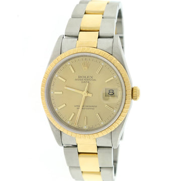 Rolex Oyster Perpetual Date 2-Tone 18K Yellow Gold/Stainless Steel 34MM Champagne Stick Dial Watch 15223