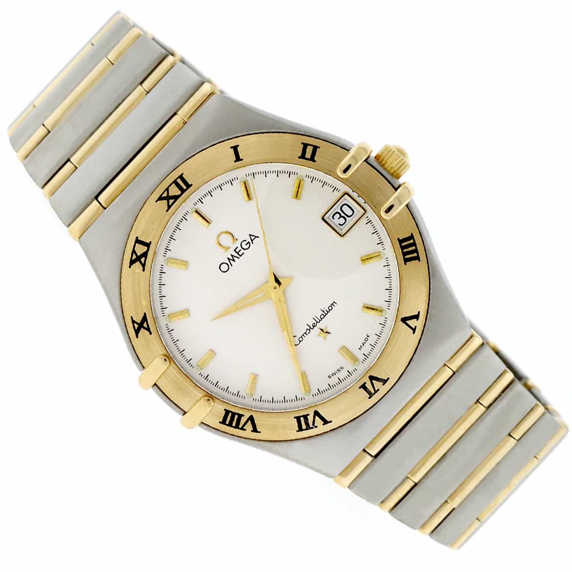 Omega Constellation 2-Tone 18K Yellow Gold & Stainless Steel Original  Silver Dial 34MM Full Bar Band Mens Watch