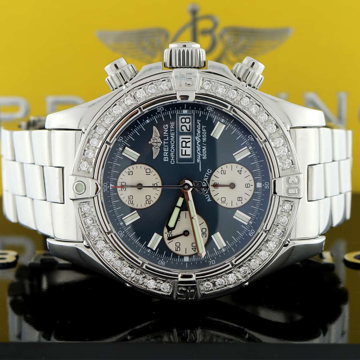 Breitling SuperOcean Chronograph Day Date Blue Dial 42MM Automatic Stainless Steel Mens Watch w Diamond Bezel A13340