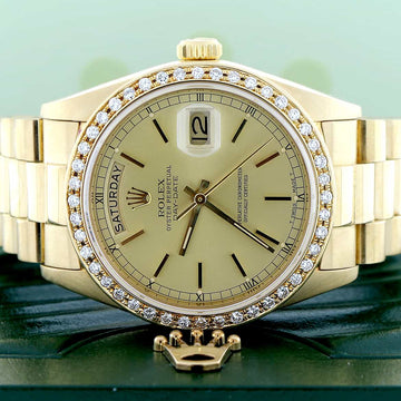 Rolex President Day-Date 18K Yellow Gold Original Champagne Dial 36MM Watch w/Diamond Bezel